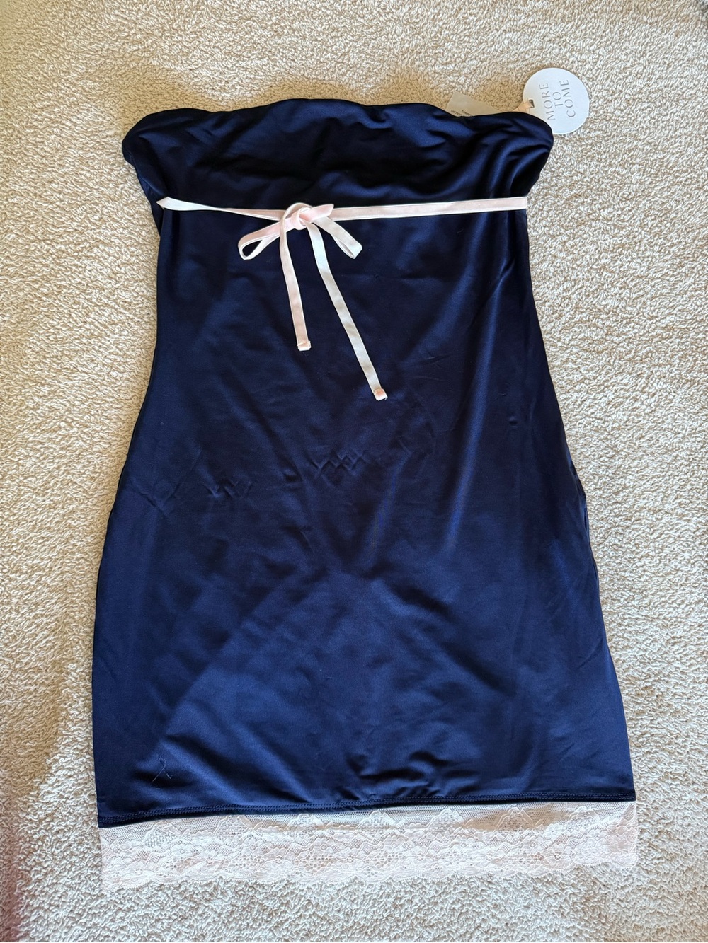Revolve Strapless Navy Slip Dress with Lace Hem and Pink Ribbon